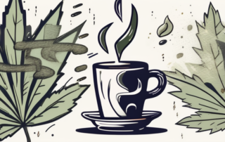 A steaming cup of hemp tea with various symbols like a question mark