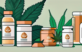 Various cannabis strains in the foreground with a backdrop of gym equipment like dumbbells and protein supplements