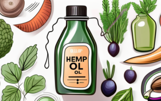 A bottle of hemp seed oil surrounded by healthy fruits and vegetables