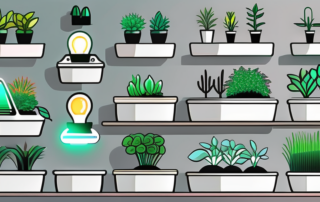Several different models of led grow lamps shining light onto a variety of vibrant