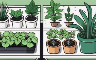 A well-organized homegrow box with various stages of plant growth