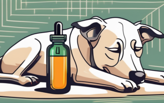 A dog comfortably resting on a cushion with a bottle of hemp oil next to it