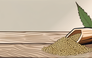 Various types of hemp seeds scattered on a rustic wooden table