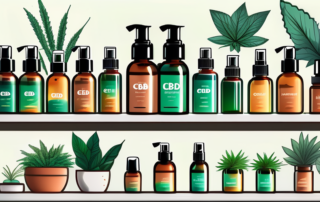 Several different types of cbd spray bottles arranged neatly on a shelf