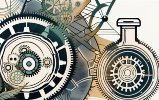 A bottle of hemp seed oil with a background of various metabolic processes symbolized by gears and cogs working smoothly together