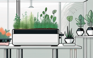 An indoor garden setup with various plants sprouting from automatic seed dispensers