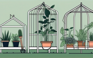 Various types of plants being supported and secured using different gardening tools like stakes