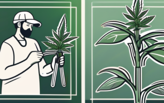 A cannabis plant being pruned with a pair of gardening shears