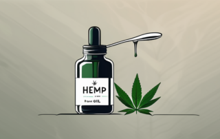 A dropper bottle of hemp oil with a measuring spoon and a few hemp leaves
