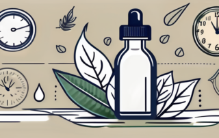 A dropper bottle with cbd oil surrounded by five symbolic elements such as a clock