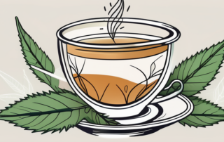 A steaming cup of tea with a hemp leaf delicately floating on top