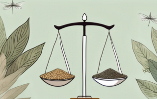 A pair of scales balancing a spoonful of hemp seeds on one side and a healthy plant on the other