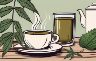 A steaming cup of hemp tea on a rustic wooden table