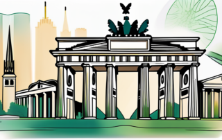 A variety of cbd plants growing healthily with a backdrop of german landmarks like the brandenburg gate and the cologne cathedral