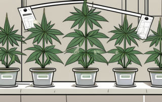 A mature cannabis plant with price tags hanging from its branches