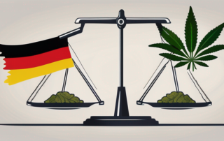 A balanced scale with a cannabis leaf on one side and the german flag on the other