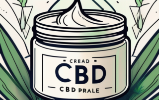 A soothing cbd cream jar with cannabis leaves around it and abstract symbols of pain relief like soft glowing aura or waves emanating from it