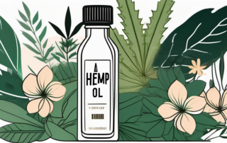 A bottle of hemp oil surrounded by various natural elements like leaves and flowers