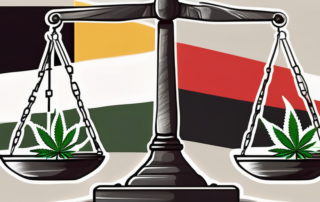 A balanced scale with a cannabis leaf on one side and the german flag on the other