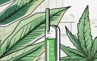 A healthy cannabis plant thriving in an outdoor environment with a visible thermometer indicating an optimal temperature