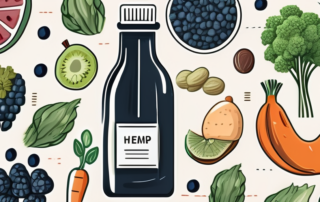 A bottle of hemp seed oil surrounded by various healthy foods like fruits and vegetables