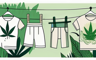 Various clothing items made from hemp hanging on a clothesline