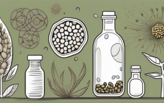 A hemp seed oil bottle with a backdrop of various metabolic elements like enzymes