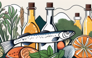 A bottle of linseed oil surrounded by various healthy foods like fish