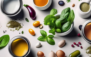 A variety of colorful vegetarian capsules opened up with a plethora of natural ingredients spilling out