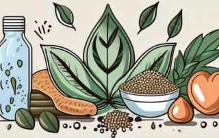 A variety of healthy foods including a prominent pile of hemp seeds