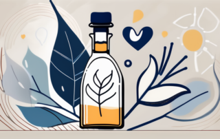 A bottle of linseed oil with a drinking glass next to it