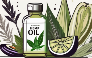 A bottle of hemp oil surrounded by various healthy foods