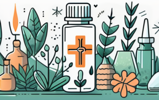 A cbd oil dropper bottle surrounded by various allergenic plants