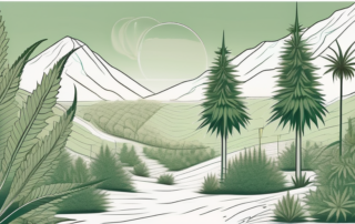 A scenic view of californian landscapes with cannabis plants growing in the foreground