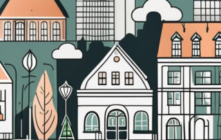 A serene bremen cityscape with various shops subtly highlighted