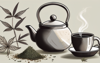 A teapot with steaming hanftee (hemp tea) surrounded by hemp leaves and tea accessories like a tea strainer and a cup