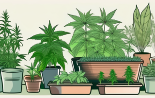 A lush garden with various stages of hemp plants growing