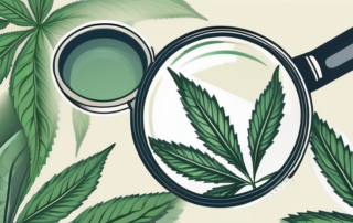 A hemp plant with a magnifying glass focusing on its leaves