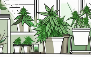 An indoor setup with cannabis plants growing in pots