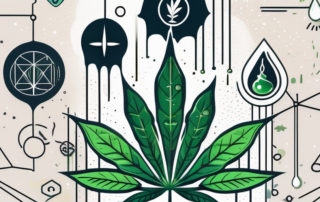 A cannabis leaf with cbd oil droplets dripping from it