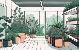 A well-organized indoor garden with various plants thriving under specialized grow lights