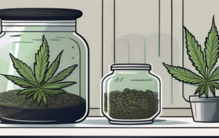 A glass jar filled with cannabis seeds