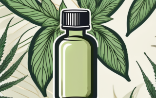 A dropper bottle of cannabidiol oil surrounded by hemp leaves