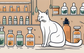 A cat sitting serenely beside a collection of cbd products like oils and treats