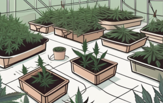 A lush outdoor cannabis garden with various tools like pruning shears