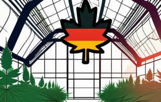 A cannabis plant flourishing in a regulated greenhouse setting