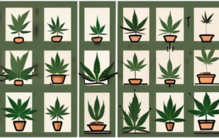A cannabis plant at different stages of pruning