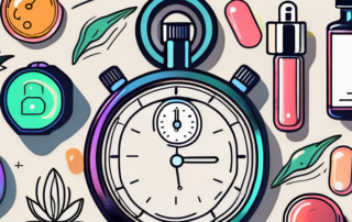 A stopwatch surrounded by various forms of cbd products like oil