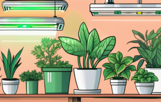 Various types of led grow lights shining on a selection of healthy