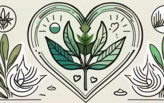 A hemp plant with various symbols around it representing health and wellness